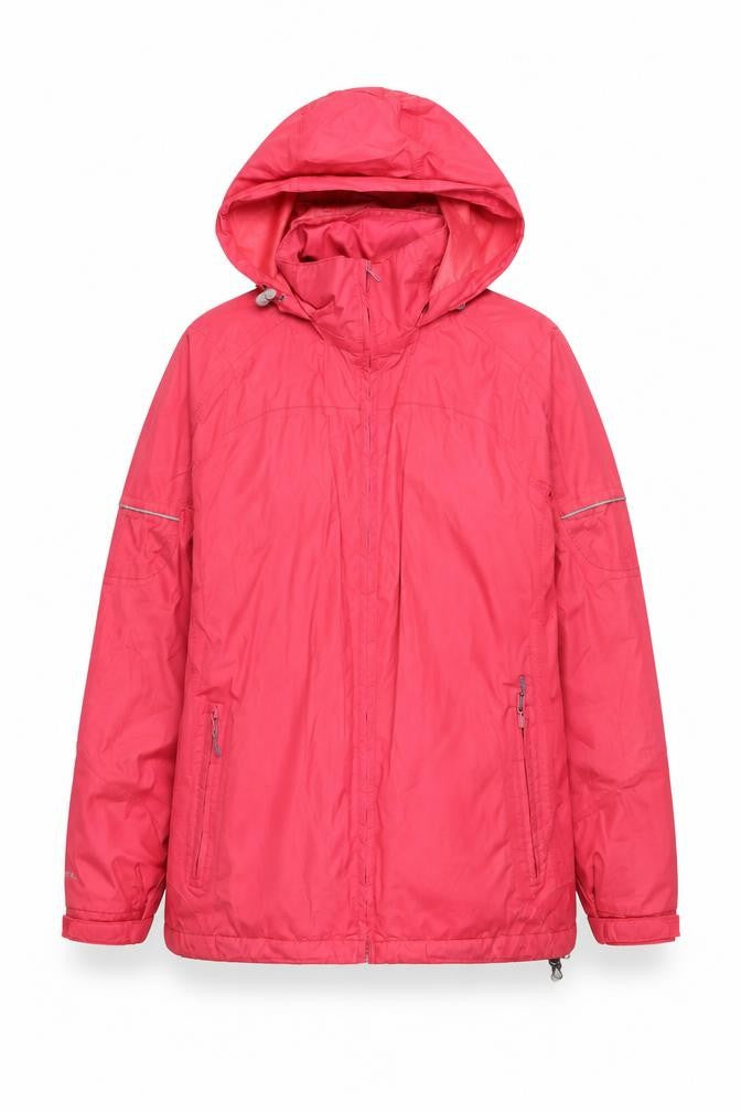 Front view of Regatta women’s pink waterproof hooded rain jacket, size UK 12
