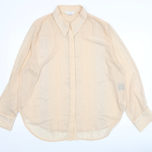 H&M Edition Women Beige Sheer Beaded Long Sleeve Collared Blouse XL