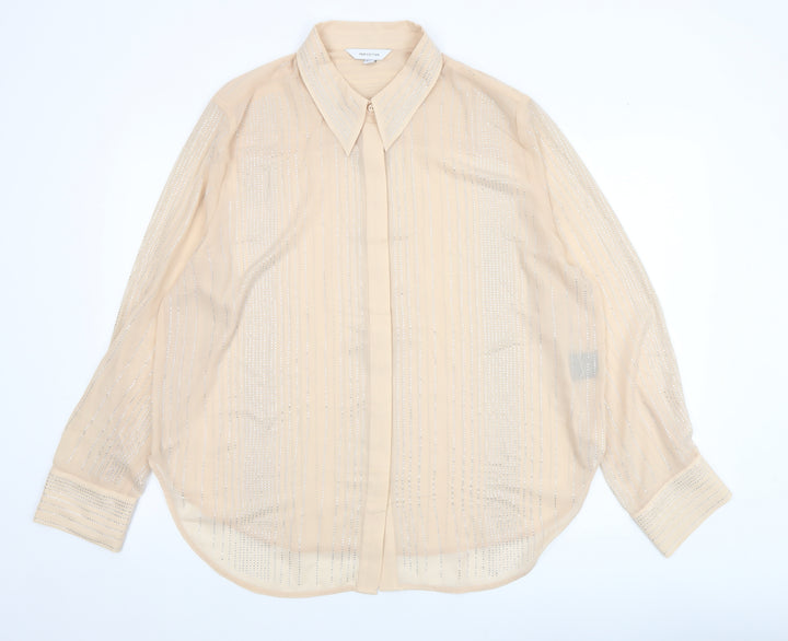 H&M Edition Women Beige Sheer Beaded Long Sleeve Collared Blouse XL
