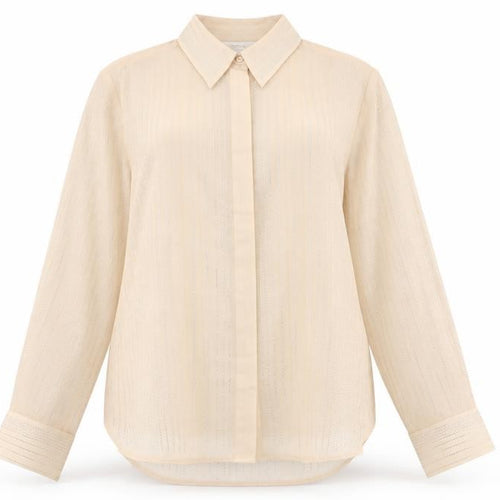 H&M Edition Women Beige Sheer Beaded Long Sleeve Collared Blouse XL