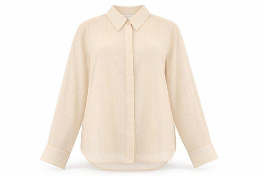 Front view of H&M Edition Women Beige Sheer Beaded Long Sleeve Collared Blouse XL