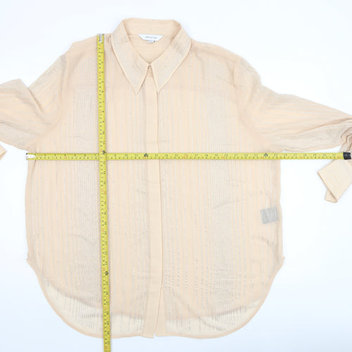 H&M Edition Women Beige Sheer Beaded Long Sleeve Collared Blouse XL