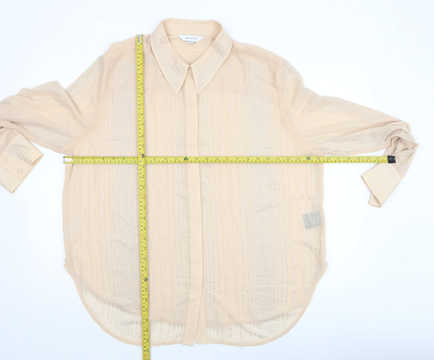 H&M Edition Women Beige Sheer Beaded Long Sleeve Collared Blouse XL