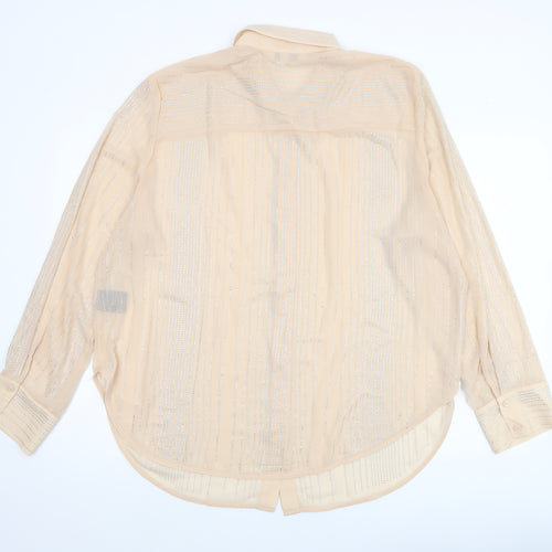 H&M Edition Women Beige Sheer Beaded Long Sleeve Collared Blouse XL