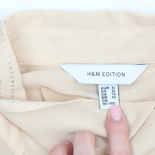H&M Edition Women Beige Sheer Beaded Long Sleeve Collared Blouse XL