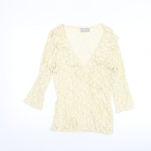 Wallis Women Beige Lace Wrap Blouse Size 12 3/4 Sleeve V-Neck