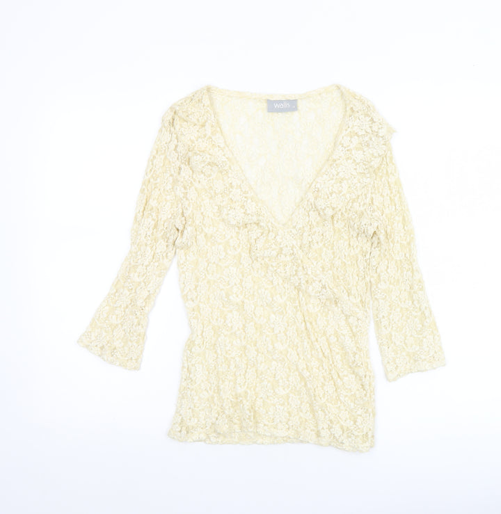 Wallis Women Beige Lace Wrap Blouse Size 12 3/4 Sleeve V-Neck