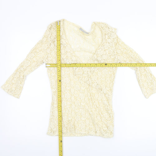 Wallis Women Beige Lace Wrap Blouse Size 12 3/4 Sleeve V-Neck