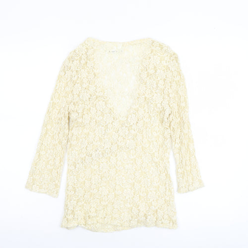 Wallis Women Beige Lace Wrap Blouse Size 12 3/4 Sleeve V-Neck