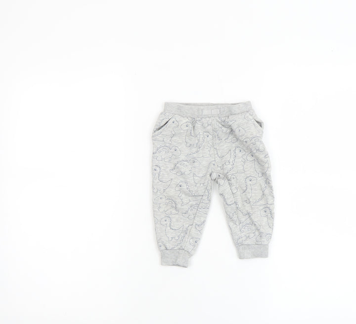 NPO Baby Grey Dinosaur Jogger Trousers 12 Months Unisex Cotton Blend