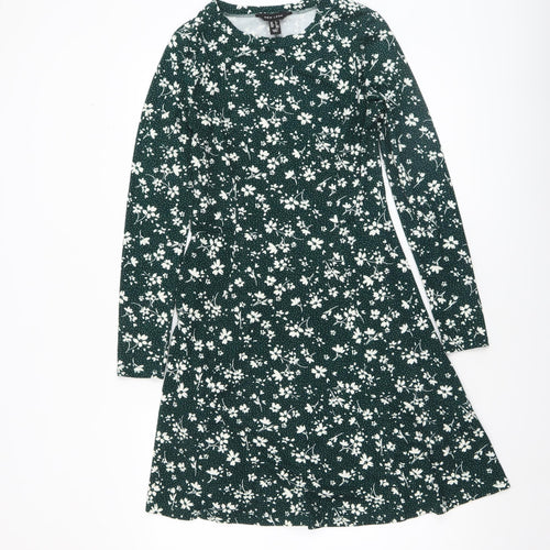 New Look Women’s Green Floral A-Line Knee Length Long Sleeve Dress Size 6