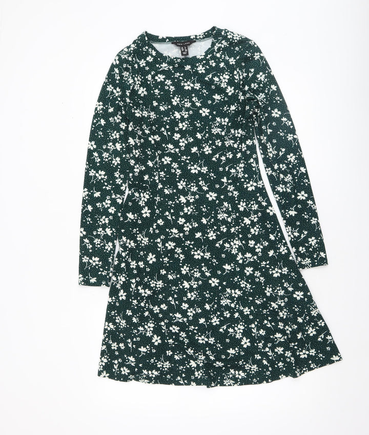 New Look Women’s Green Floral A-Line Knee Length Long Sleeve Dress Size 6