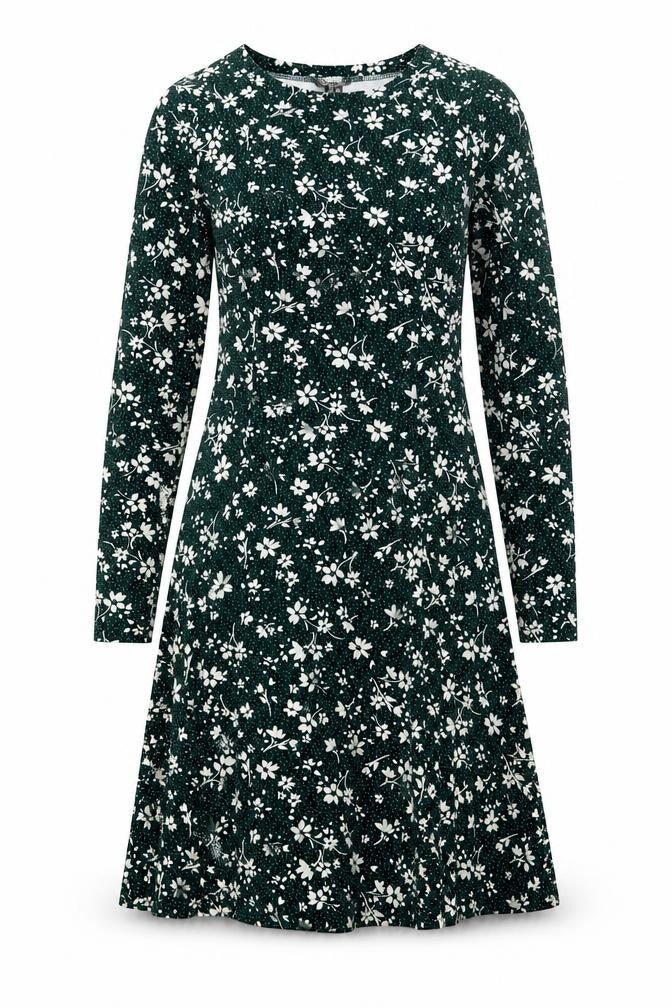 New Look Women’s Green Floral A-Line Knee Length Long Sleeve Dress Size 6