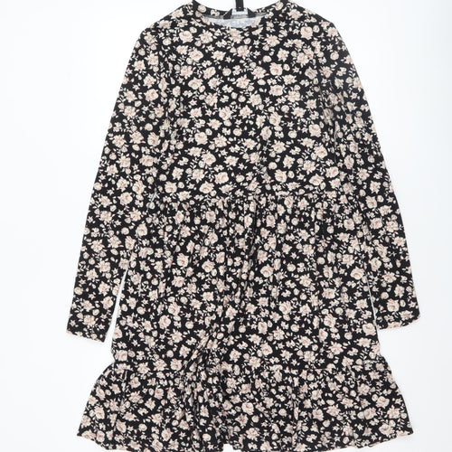 New Look Women Black Floral Shift Dress Size 6 Long Sleeve Ruffle Hem