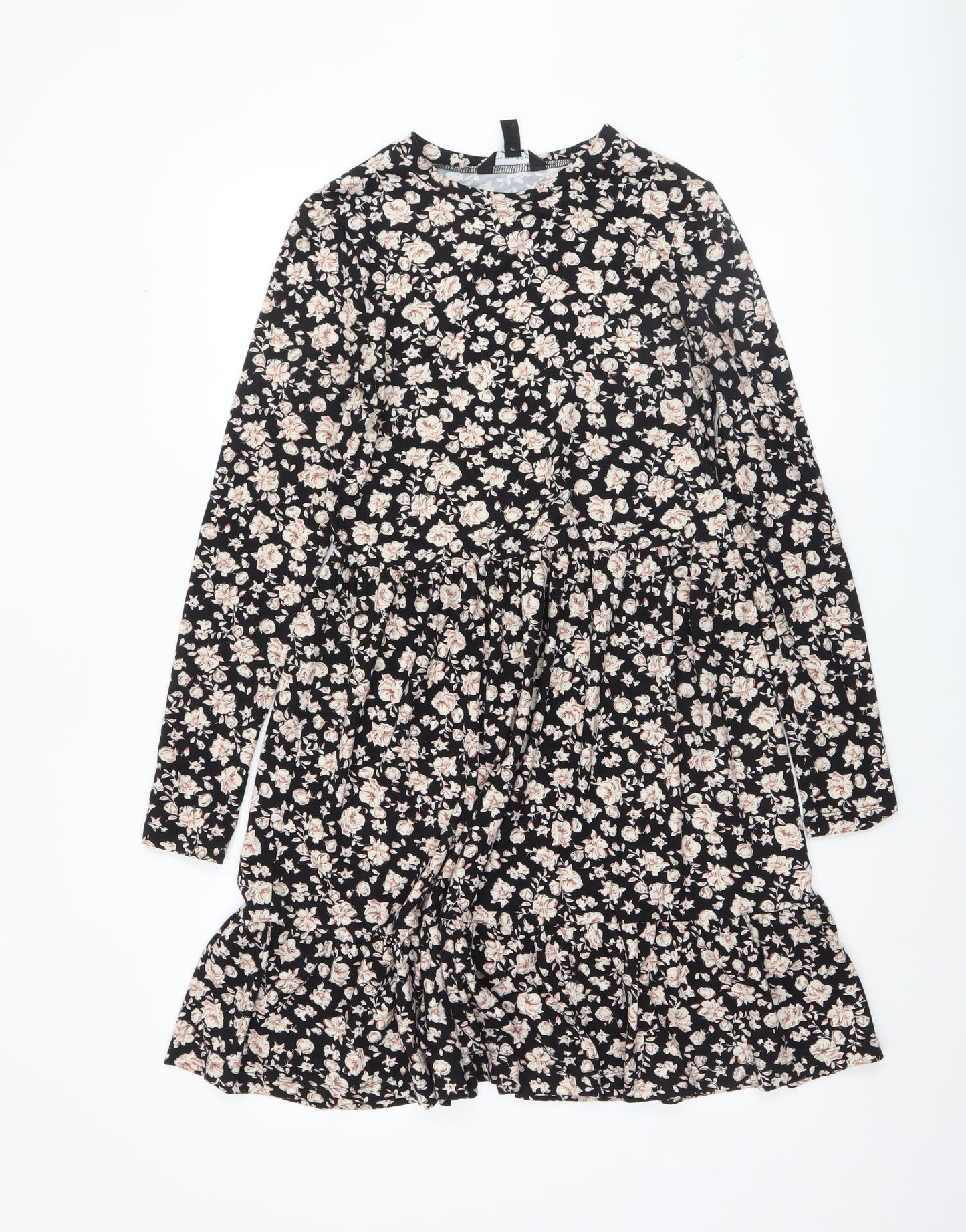 New Look Women Black Floral Shift Dress Size 6 Long Sleeve Ruffle Hem