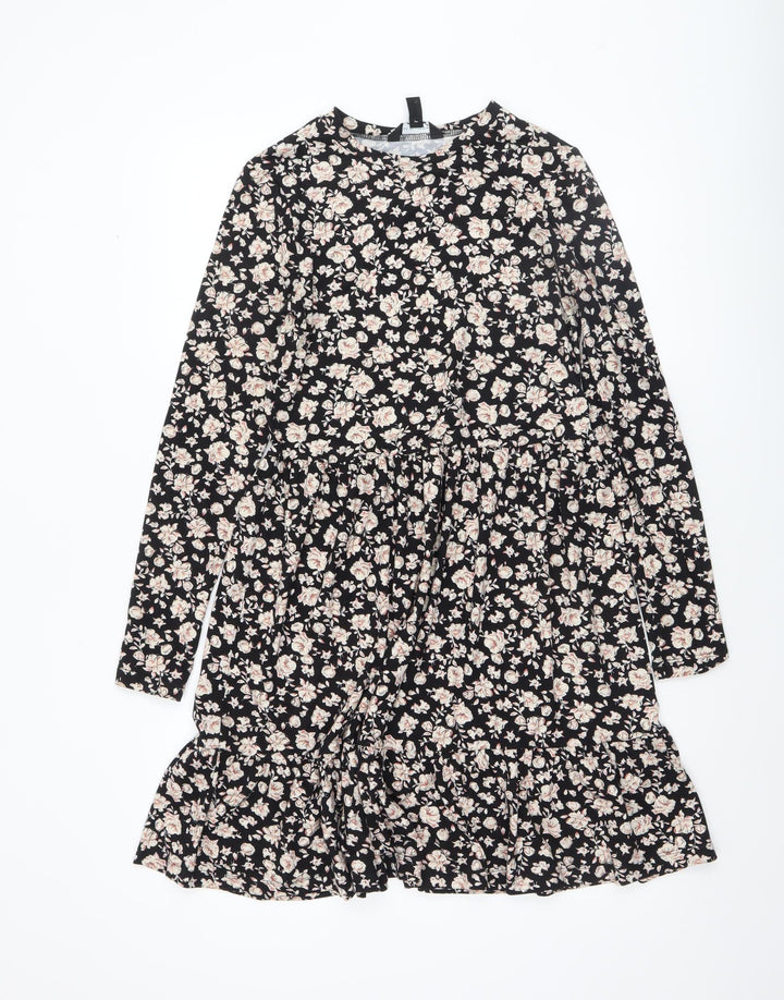 New Look Women Black Floral Shift Dress Size 6 Long Sleeve Ruffle Hem