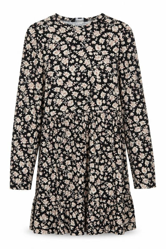 Front view of New Look Women Black Floral Shift Dress, size 6, Long Sleeve Ruffle Hem