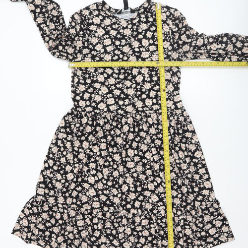 New Look Women Black Floral Shift Dress Size 6 Long Sleeve Ruffle Hem