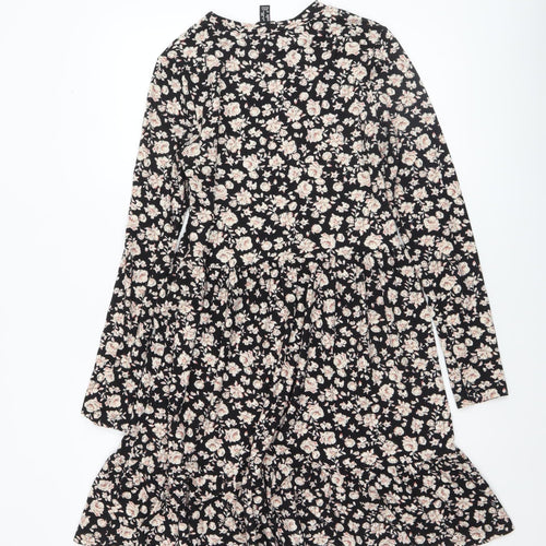 New Look Women Black Floral Shift Dress Size 6 Long Sleeve Ruffle Hem