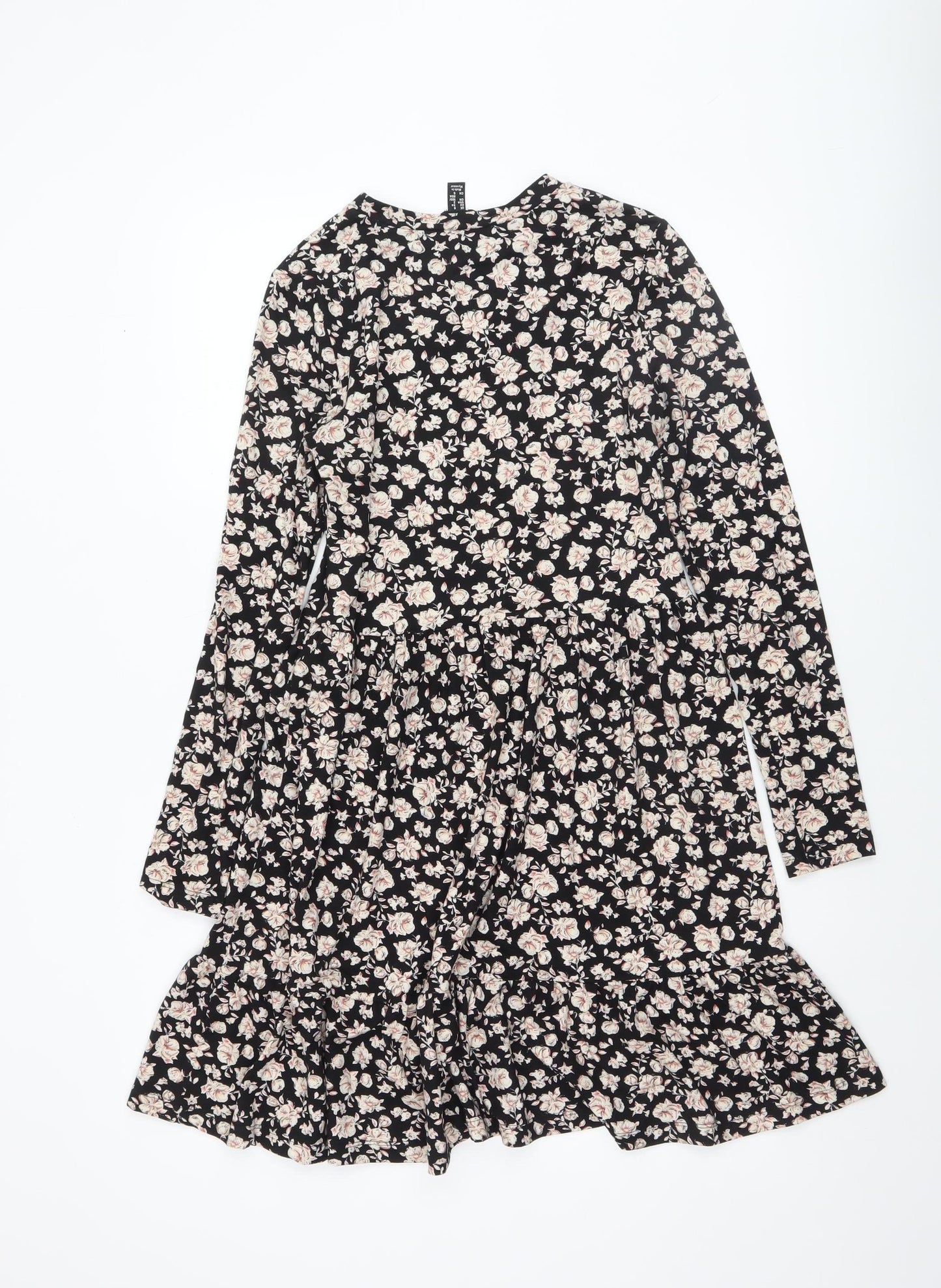 New Look Women Black Floral Shift Dress Size 6 Long Sleeve Ruffle Hem