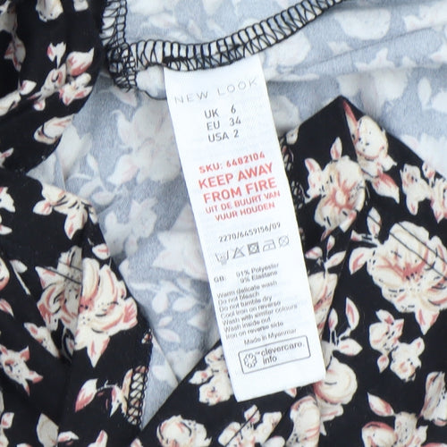 New Look Women Black Floral Shift Dress Size 6 Long Sleeve Ruffle Hem
