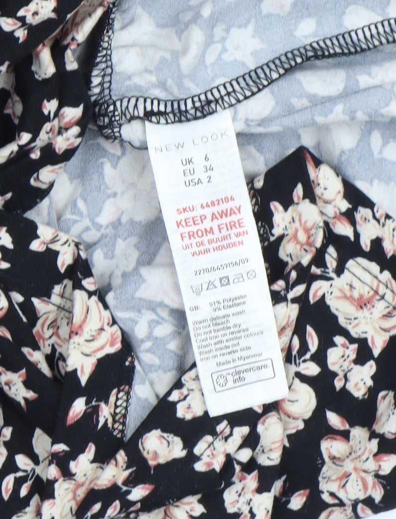 New Look Women Black Floral Shift Dress Size 6 Long Sleeve Ruffle Hem