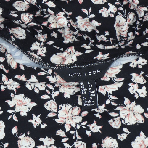 New Look Women Black Floral Shift Dress Size 6 Long Sleeve Ruffle Hem