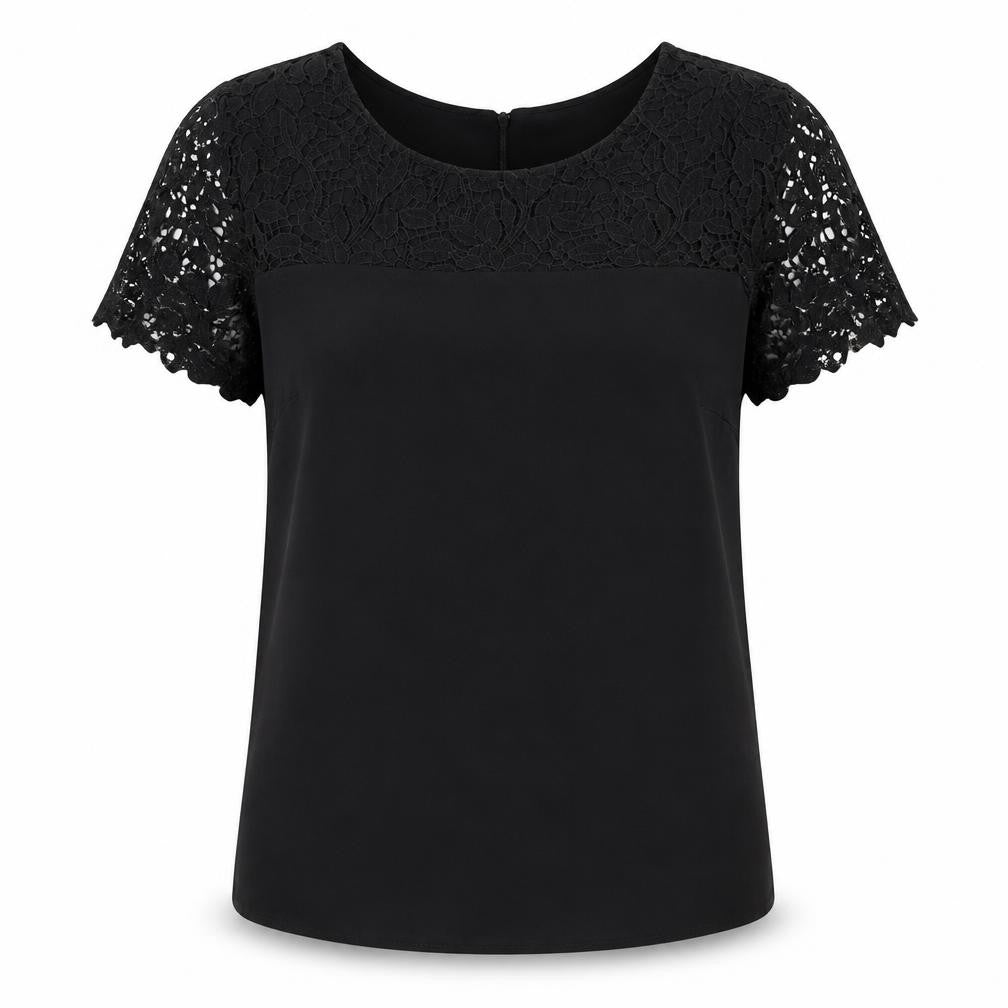 Front view of VILA Women’s Black Lace Short Sleeve Blouse M