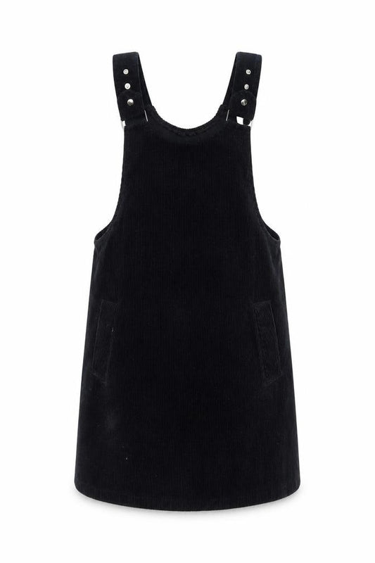 Front view of New Look Women’s Black Corduroy Pinafore Dress, size UK 6