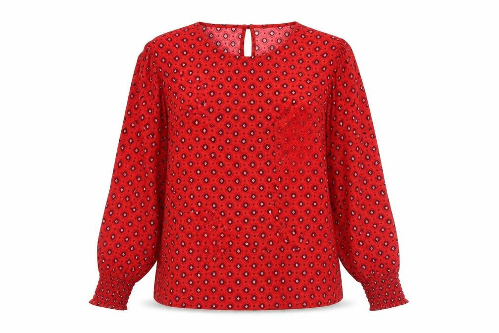 Front view of Only Women Red Geometric Long Sleeve Viscose Blouse, size 8