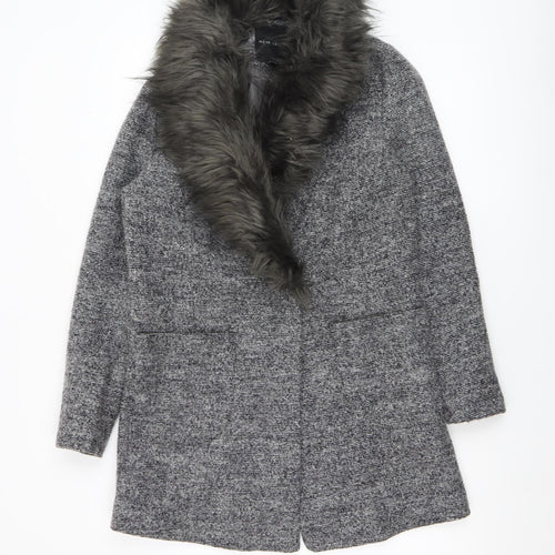 New Look Womens Grey Faux Fur Collar Wool Blend Mid-Length Overcoat Size 6