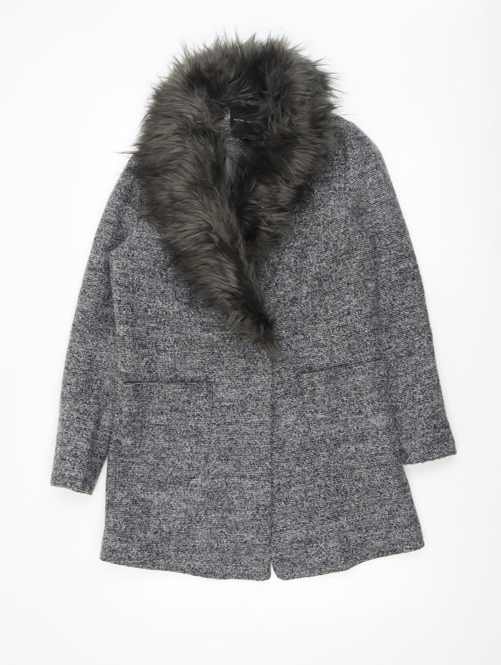 New Look Womens Grey Faux Fur Collar Wool Blend Mid-Length Overcoat Size 6