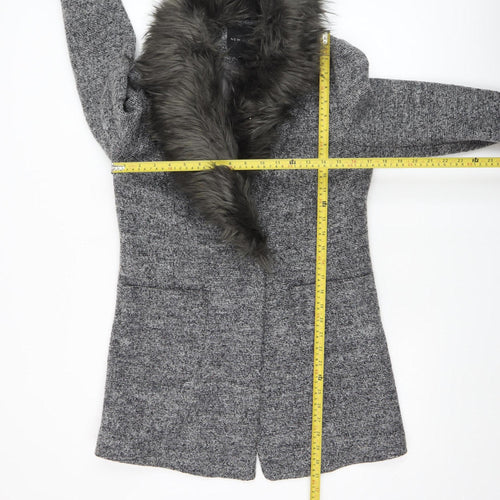 New Look Womens Grey Faux Fur Collar Wool Blend Mid-Length Overcoat Size 6