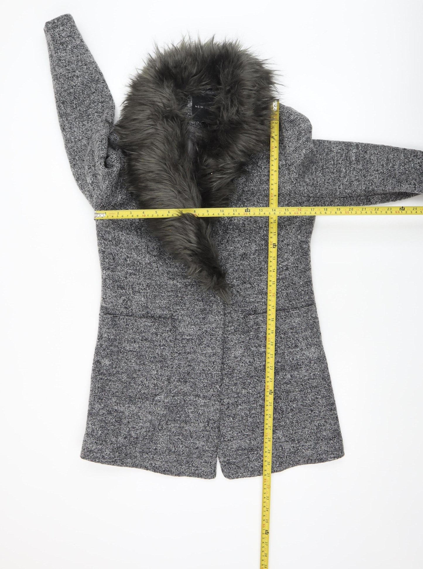 New Look Womens Grey Faux Fur Collar Wool Blend Mid-Length Overcoat Size 6