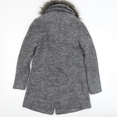 New Look Womens Grey Faux Fur Collar Wool Blend Mid-Length Overcoat Size 6