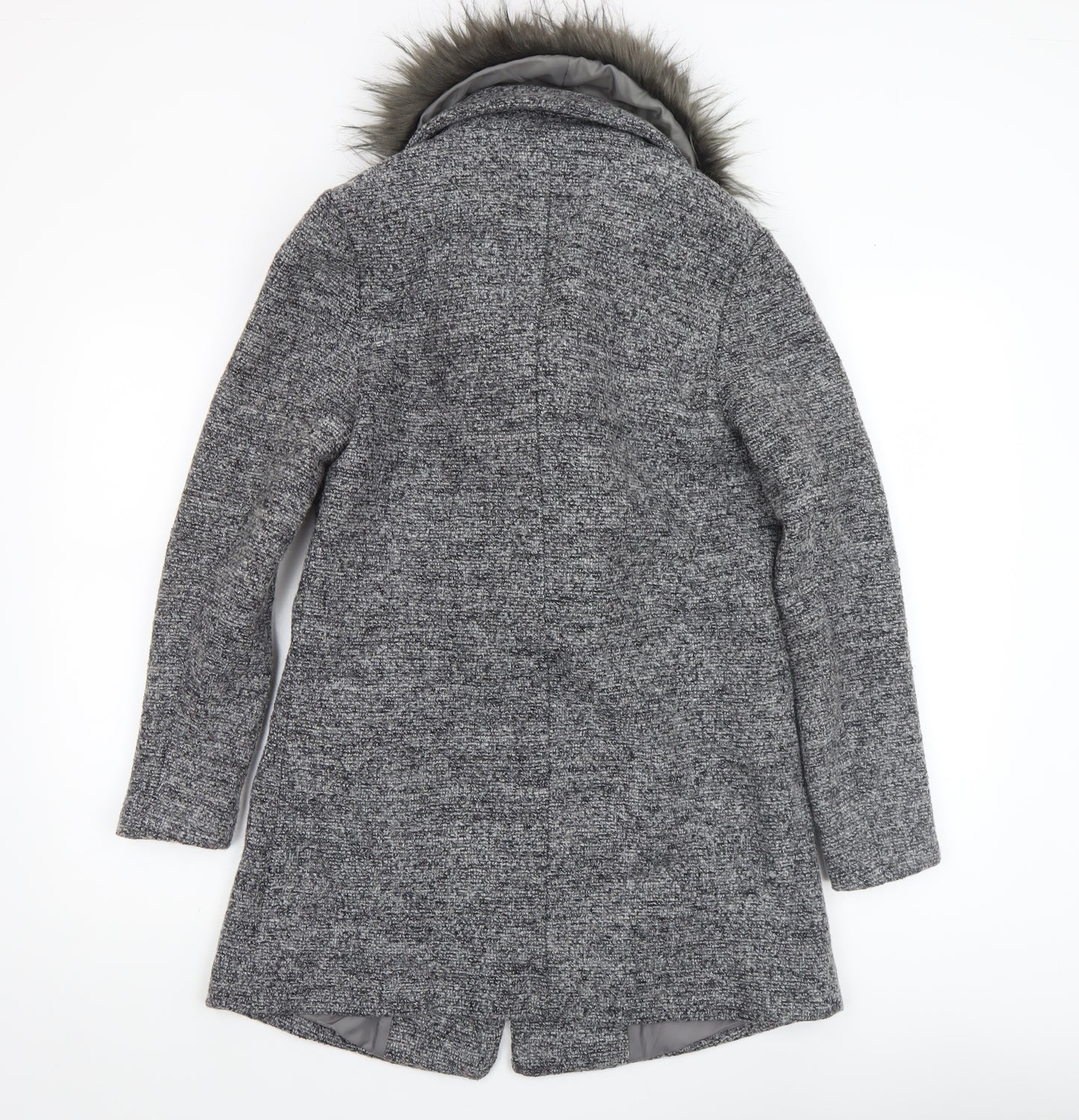 New Look Womens Grey Faux Fur Collar Wool Blend Mid-Length Overcoat Size 6