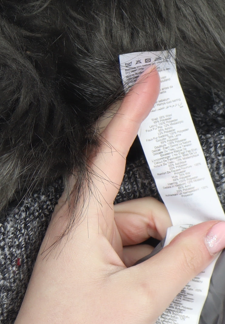 New Look Womens Grey Faux Fur Collar Wool Blend Mid-Length Overcoat Size 6