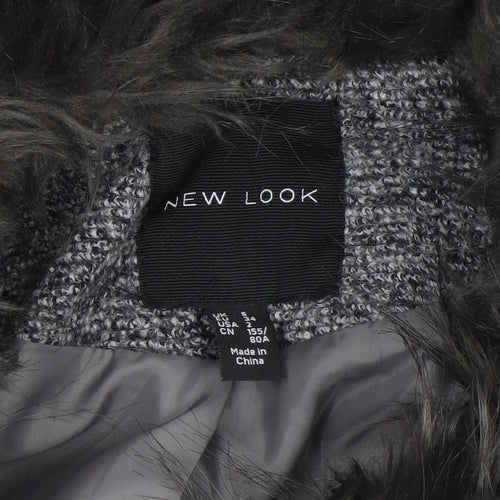 New Look Womens Grey Faux Fur Collar Wool Blend Mid-Length Overcoat Size 6