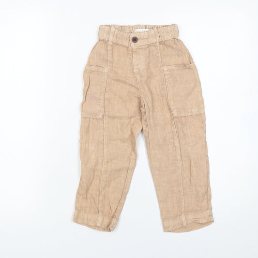 Zara Girls Beige Linen Cargo Trousers 4 Years Elastic Waist Summer Pants
