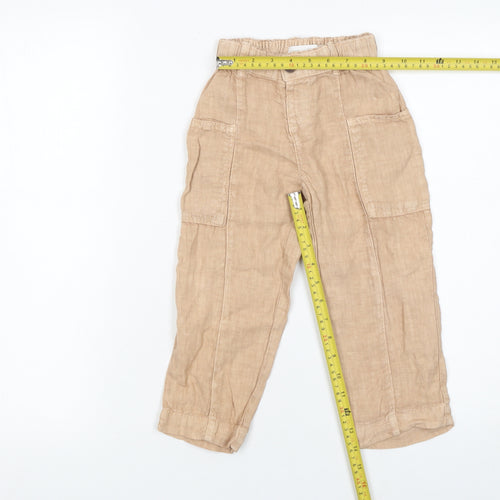 Zara Girls Beige Linen Cargo Trousers 4 Years Elastic Waist Summer Pants