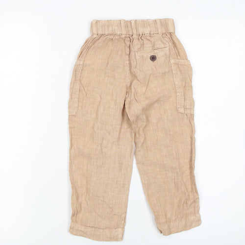 Zara Girls Beige Linen Cargo Trousers 4 Years Elastic Waist Summer Pants