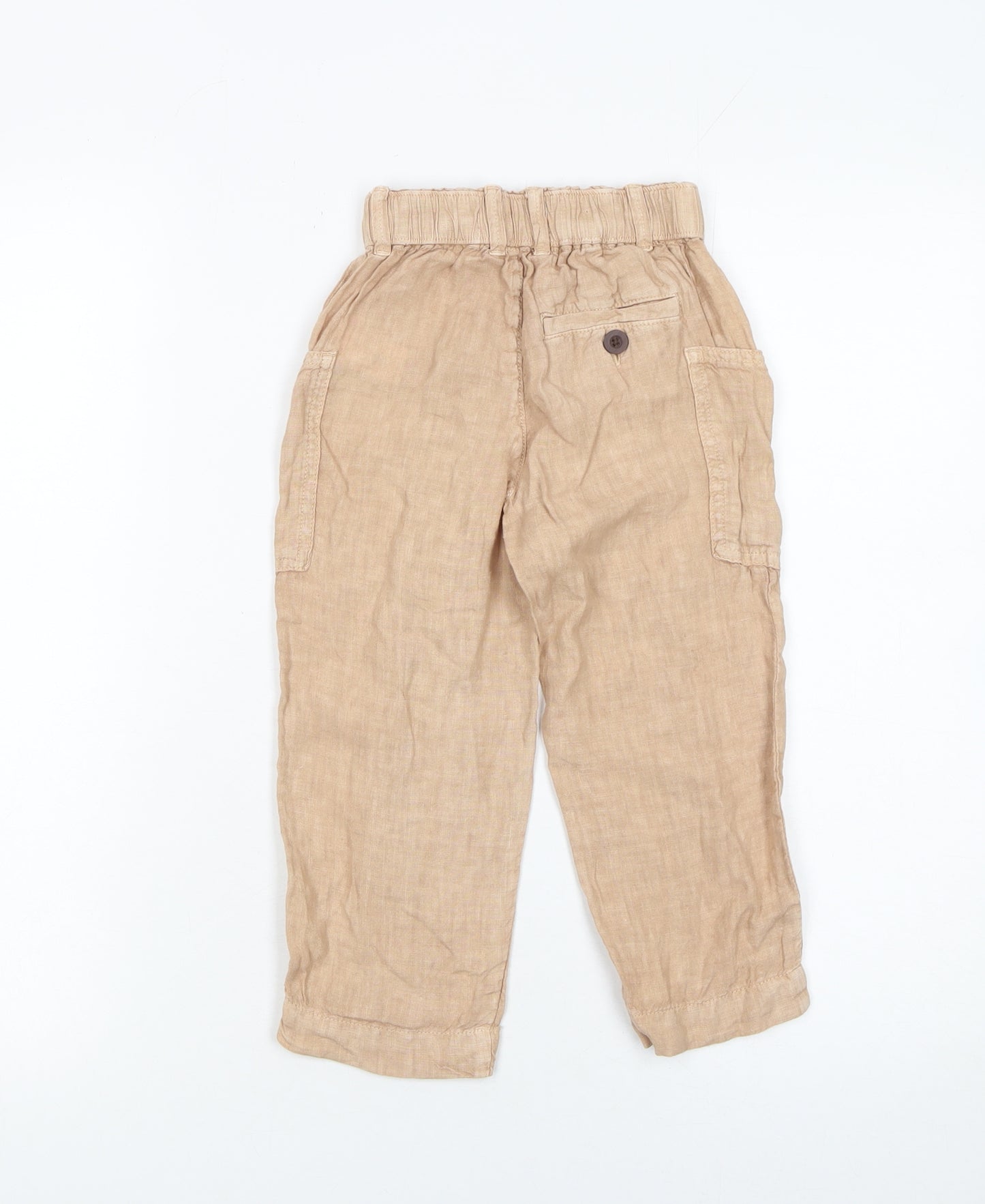 Zara Girls Beige Linen Cargo Trousers 4 Years Elastic Waist Summer Pants