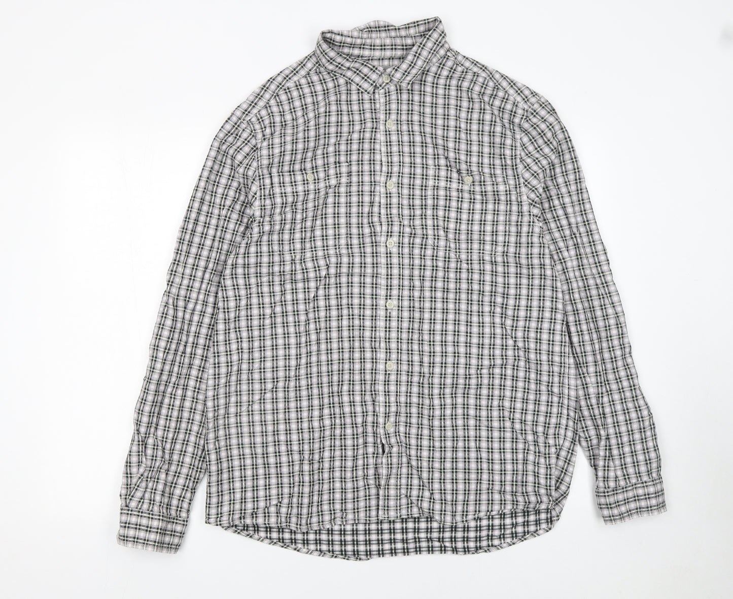 Tu Men's Grey Check Cotton Long Sleeve Button-Up Shirt L
