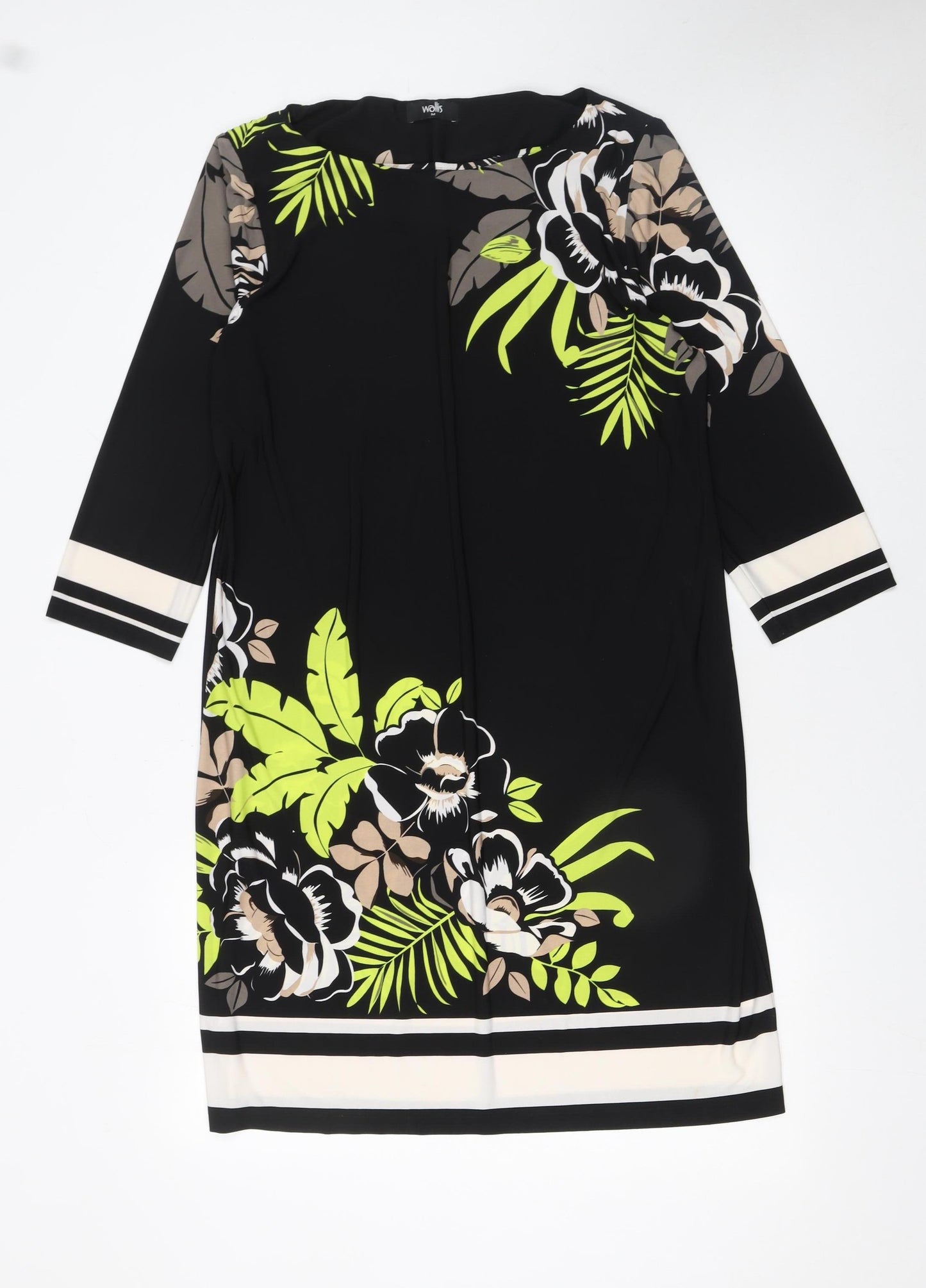 Wallis Women’s Black Floral Shift Dress M Knee Length 3/4 Sleeve