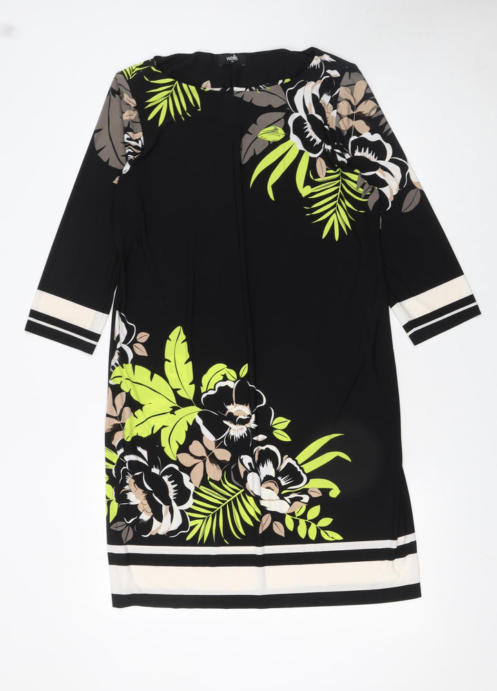 Wallis Women’s Black Floral Shift Dress M Knee Length 3/4 Sleeve