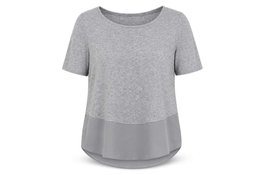 Front view of Savida Women's Grey Short Sleeve Jersey T-Shirt, size 12