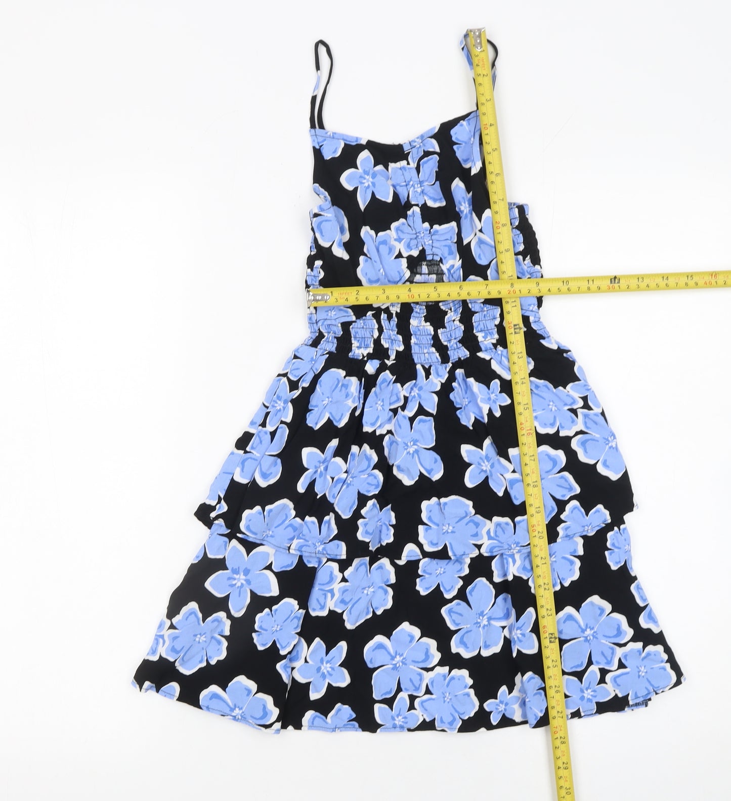 915 Girls Black Blue Floral Skater Dress Age 10 Viscose Summer Sleeveless