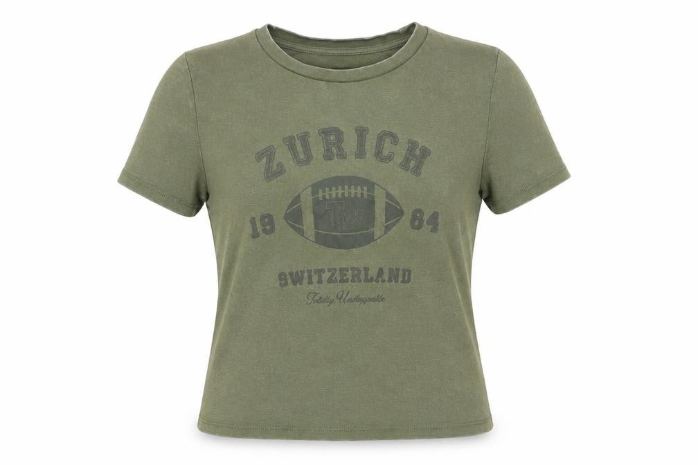 TW Women’s Green Cropped Jersey T-Shirt M Sports Zurich Print