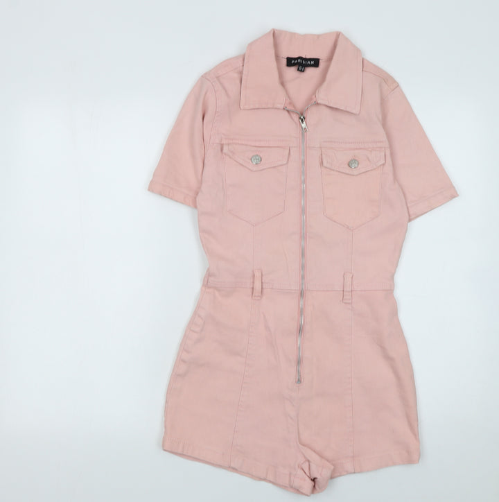 Parisian Women Pink Zip Front Short Sleeve Playsuit UK 8 Cotton Blend