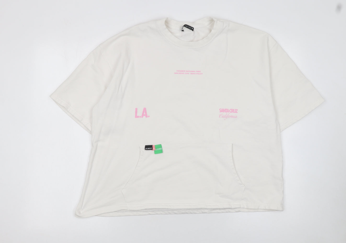 Zara Women White California Print Relaxed Fit Short Sleeve T-Shirt Size M